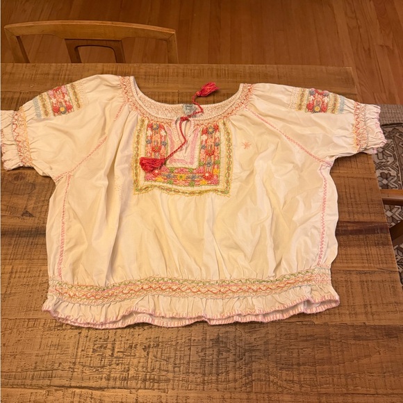 Magnolia Pearl Tops - Magnolia Pearl Chrissy Fold Blouse Pink Tassel and Multicolor Embroidery EUC